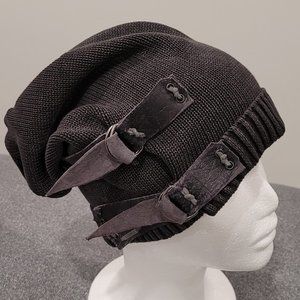 Slouchy Black Knit Hat with Buckle Accents - Hippie Style